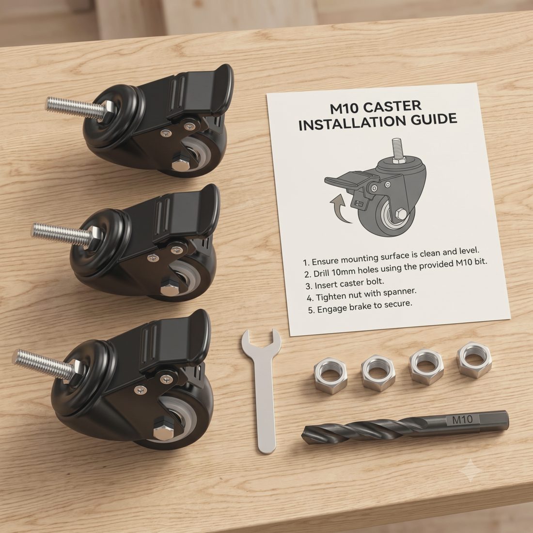 WSM Wheel Kit contents: three castors, bolts, 10mm drill bit and instructions