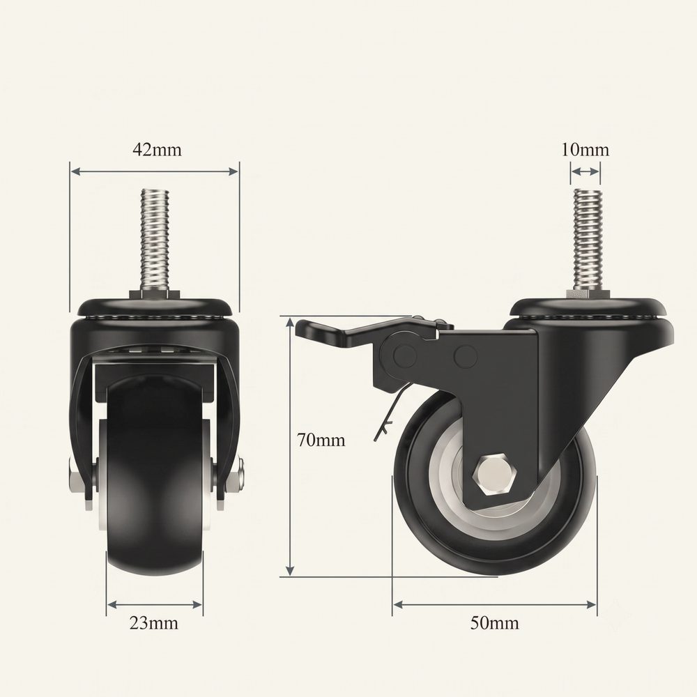 Castor dimensions: 50mm wheel, 10mm bolt, about 70mm height